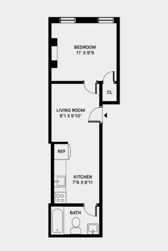 Floor plan for 1 bed, 1 bath, 345 sqft